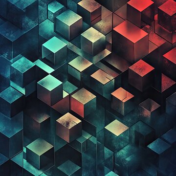 Fototapeta Abstract artwork featuring a multitude of teal and red cubes, textured with a grunge effect, creating a depth illusion