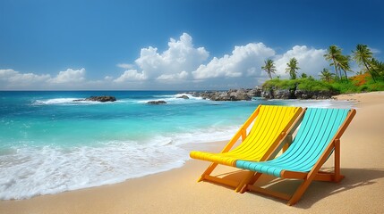 Tranquil beach scene with turquoise ocean, white sand, and two colorful deck chairs under a blue sky