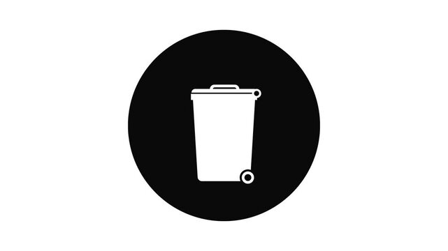 A clean and simple 2D animation of mechanicly open and close trash bin in black circle frame. Perfect sign to symbolize cleanliness, proper waste disposal, and environmental responsibility