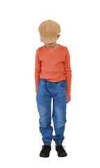 Portrait Asian boy kid wearing brown cap hat standing and looking down isolated on white background. Image full length, Clipping path.