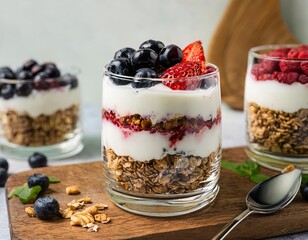 Gourmet berry yogurt parfait with granola on a textured mat