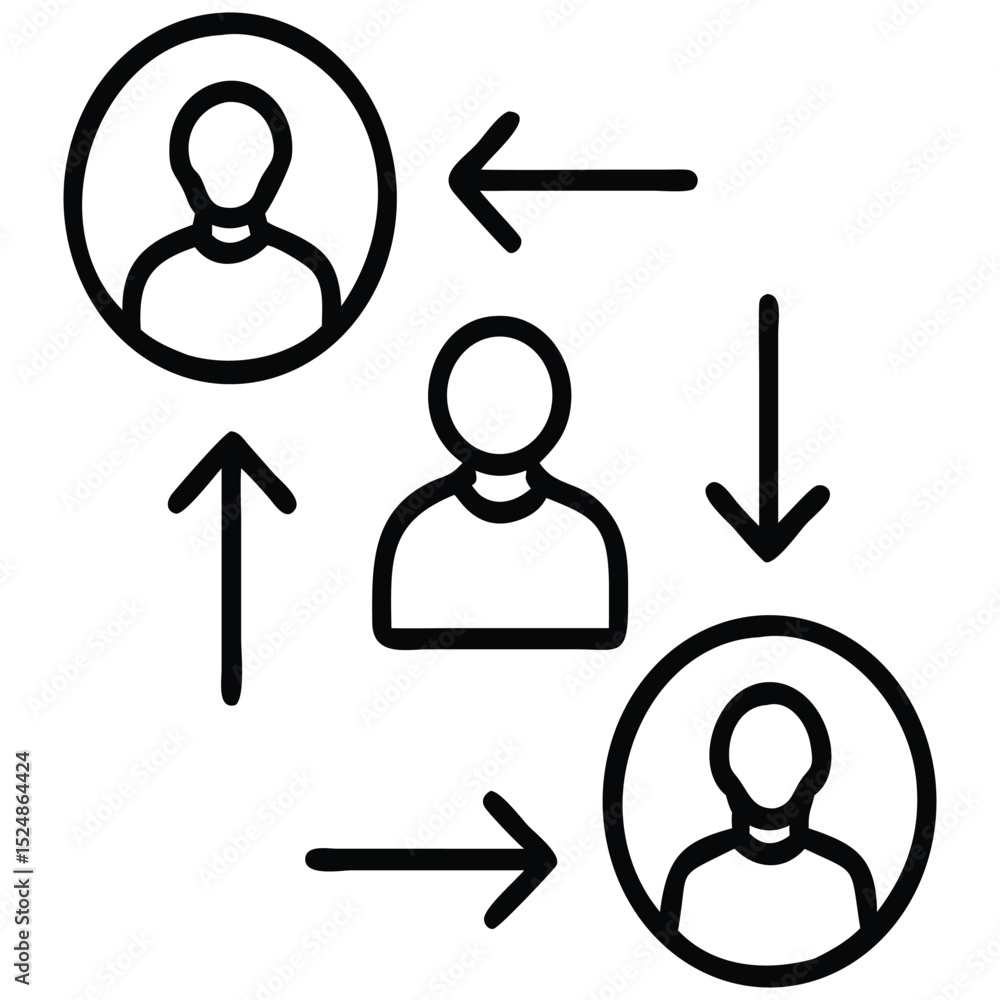 Poster teamwork process arrows connecting people in circular profiles, showing collaboration and interactio