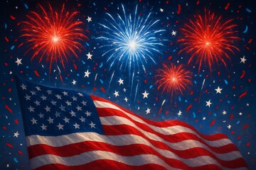 American Flag with Fireworks Celebrating Independence Day in Bright Night Sky
