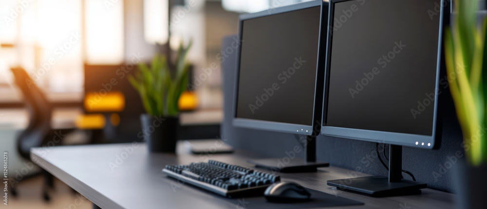 Poster dual computer monitors on modern office desk with plants and minimalistic workspace design