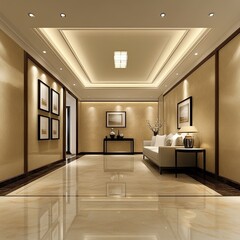 Fototapeta premium Elegant interior design of a spacious entryway with recessed lighting, beige walls, and polished flooring