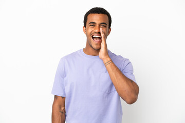 African American handsome man on isolated white background shouting with mouth wide open