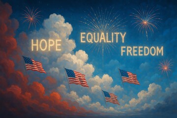 Patriotic Display of American Flags, Fireworks, and Inspiring Words "Hope Equality Freedom"  in the Sky