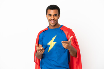 African American Super Hero man over isolated white background pointing to the front and smiling