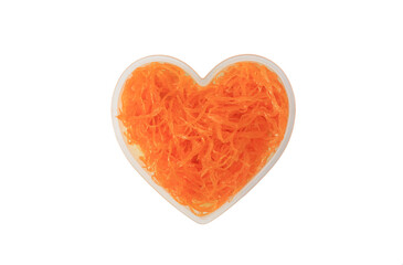 Golden egg yolk thread in heart shaped tray isolated on white background, Thai traditional sweet dessert.