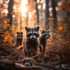 Obraz premium Racoon dog family in the forest with setting sun shining. Group of wild animals in nature.
