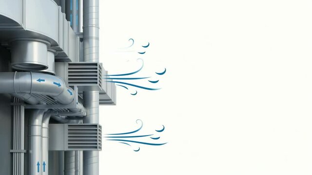 Industrial ventilation system with air ducts and vents blowing fresh air. HVAC cooling and purification technology illustration.