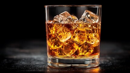 Whiskey on the rocks in a glass with a dark background offers a cool and refreshing drink experience