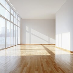 Obraz premium Sunlit empty room with hardwood floors and large windows offering city view