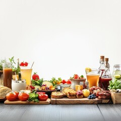 A vibrant spread of food and drinks, showcasing diverse culinary delights on a rustic wooden surface against a bright background