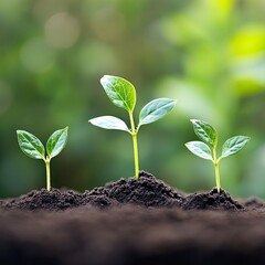 Three young seedlings sprout from dark soil, showcasing vibrant green leaves against a blurred green background, symbolizing growth and new beginnings
