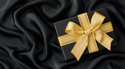 Flat lay with wrapped gift, gold ribbon on black silk in retrofuturistic style