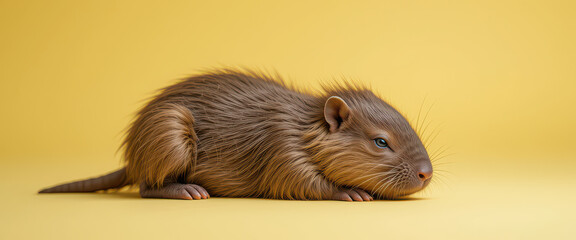 Sleeping baby capybara laying down peacefully on soft yellow background in studio lighting, with closed eyes and realistic fur texture perfect for adorable wildlife stock photography
