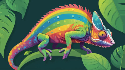  Colorful chameleon with a rainbow body on a green leaf  3