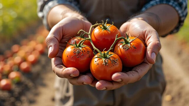 Fresh organic tomatoes in rough farmer&rsquo;s hands with shallow depth of field and earthy tones. Concept of eco farming and natural produce