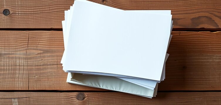 Neat stack of blank paper sheets on rustic wooden surface, top view, brochure, catalog