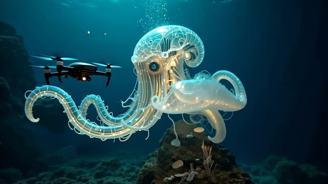 Bioluminescent octopus with transparent body swimming underwater near diver and camera drone in deep ocean scene. Concept of marine technology and alien nature