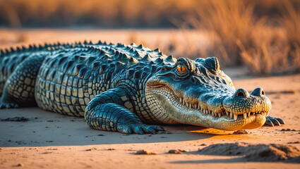 Fototapeta premium Large Prehistoric Crocodile in Desert Habitat: A Ferocious Reptile in Serene Sunlight - National Park Wildlife Photography
