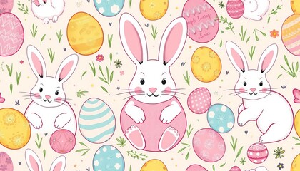 Pastel Easter bunny and egg seamless doodle pattern Hand-drawn, whimsical, festive background, festival, easter