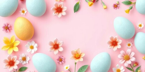 Pastel pink background, seamless vector pattern featuring cute Easter eggs and flowers, Easter, digital
