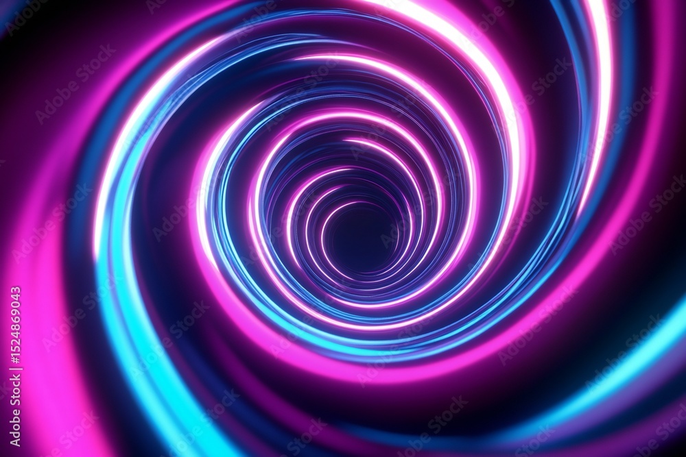 Poster an elegant neon spiral curling into a continuous infinite loop, bathed in a gentle cyan-to-magenta g