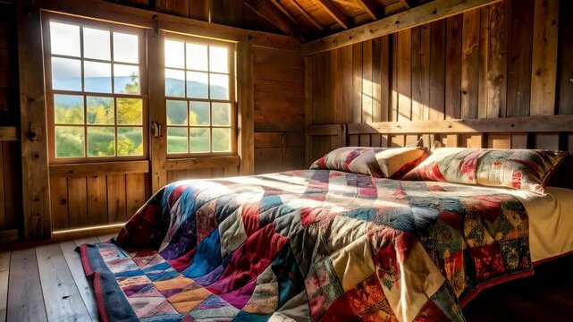Rustic wooden cabin interior featuring a bed with a colorful patchwork quilt and sunlight streaming through windows, cozy and warm atmosphere.