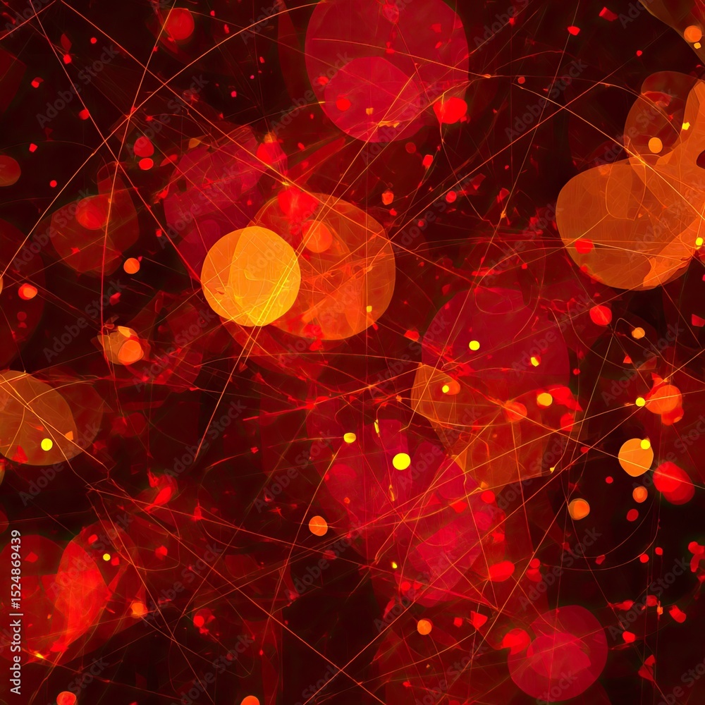 Poster abstract artwork featuring red and orange glowing circles and thin lines on a dark background