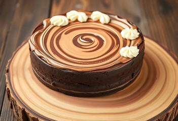 Rustic wood board holds rich chocolate cake, creamy frosting swirls visible, board, cake slice