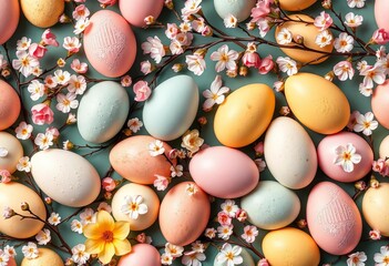 Seamless Easter pattern featuring pastel-colored eggs, blooming branches, and delicate flowers, texture, design