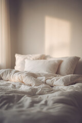 beautiful bed after sleep with rumpled sheets and soft warm light illuminating scene