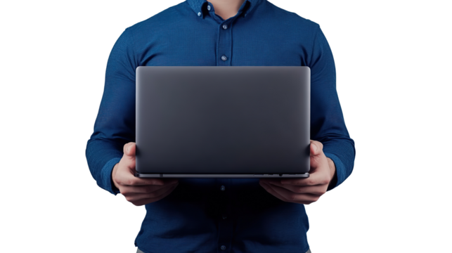 Businessman standing holding laptop on transparent background, embodying success and technology. PNG