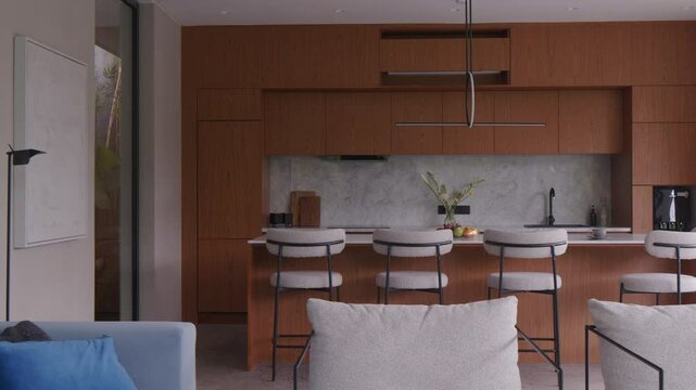 Discover the beauty of a contemporary kitchen with warm wooden accents and sleek countertops. This space blends comfort and style, perfect for cooking and entertaining relaxation.