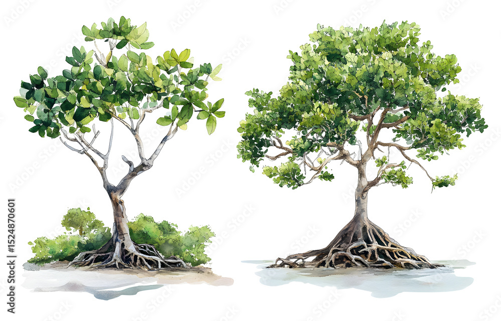 Poster lush mangrove trees growing on png transparency background with roots exposed in nature environment