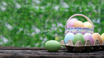 A colorful assortment of Easter eggs displayed in a basket and an egg carton, set against a blurred green background.