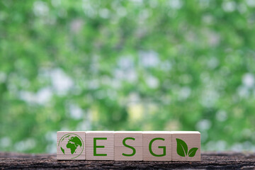Wooden blocks display "ESG" with a globe and leaf symbol, set against a blurred green background emphasizing sustainability.