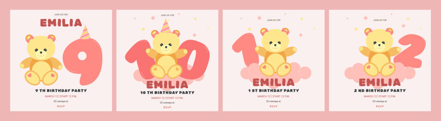 Invitation childrens birthday party cute bear and number set. Celebration First birthday. Greeting card template for children. Vector illustration.