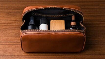 Stylish brown leather toiletry bag open, showcasing grooming products on a wooden surface