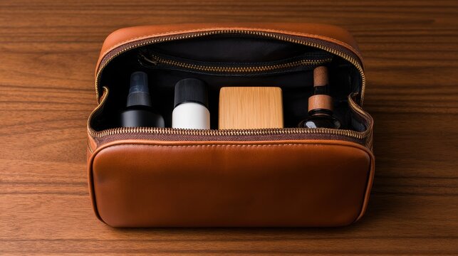 Stylish brown leather toiletry bag open, showcasing grooming products on a wooden surface