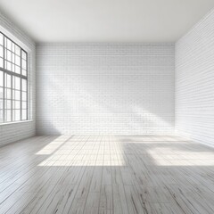 Obraz premium Sunlit empty room with white brick walls and wooden floor