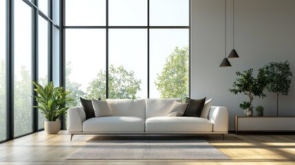 Obraz premium Modern Living Room Interior Design with Large Windows and Natural Light