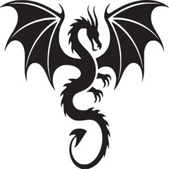 Silhouette of a dragon with wings spread out on a white background in a simple graphic style