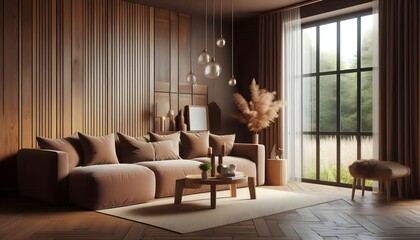 Minimalist brown living room with natural materials, sunlight through window, and a blank wall for artwork display