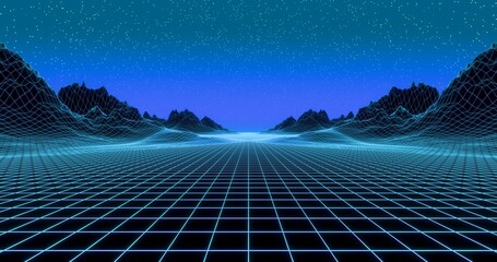 Futuristic glowing neon wireframe background. Shining grid horizon and mountain in perspective. Bright retro digital cyberspace against night starry sky. 3D rendering.