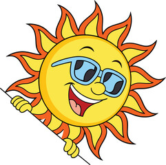 Happy sun cartoon character wearing sunglasses peeking corner