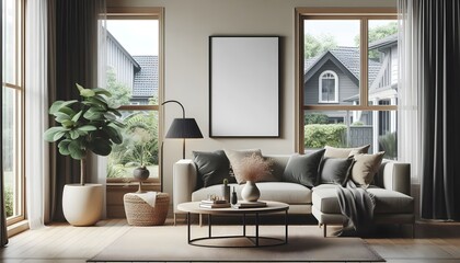 Contemporary living space with minimal design, comfortable sofa, wooden elements, and mockup wall for decoration