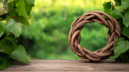 Rustic Woven Circle with Green Nature Background and Wooden Surface for Creative Projects